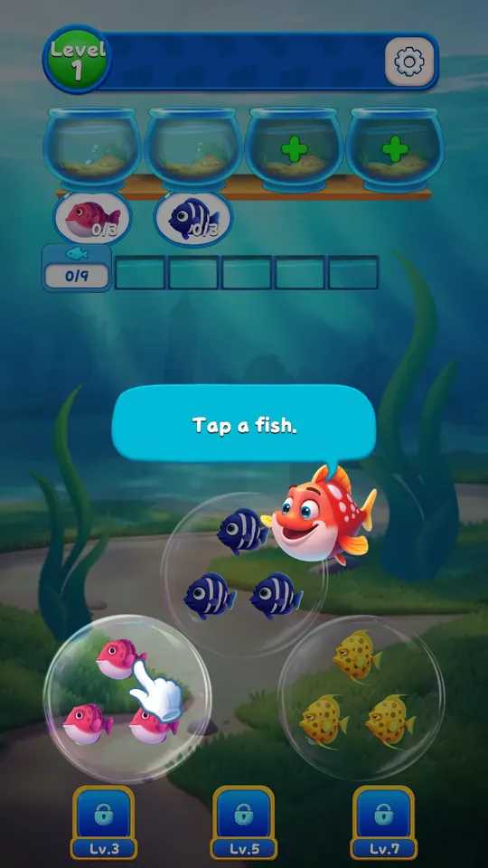 A finger tapping a pink fish inside a bubble